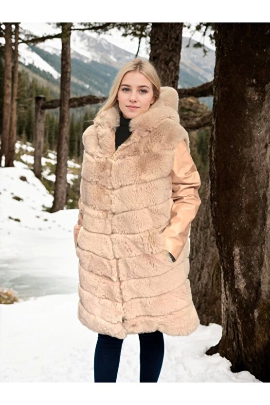 Kadın Suni Kürk Hakiki Deri - Somon