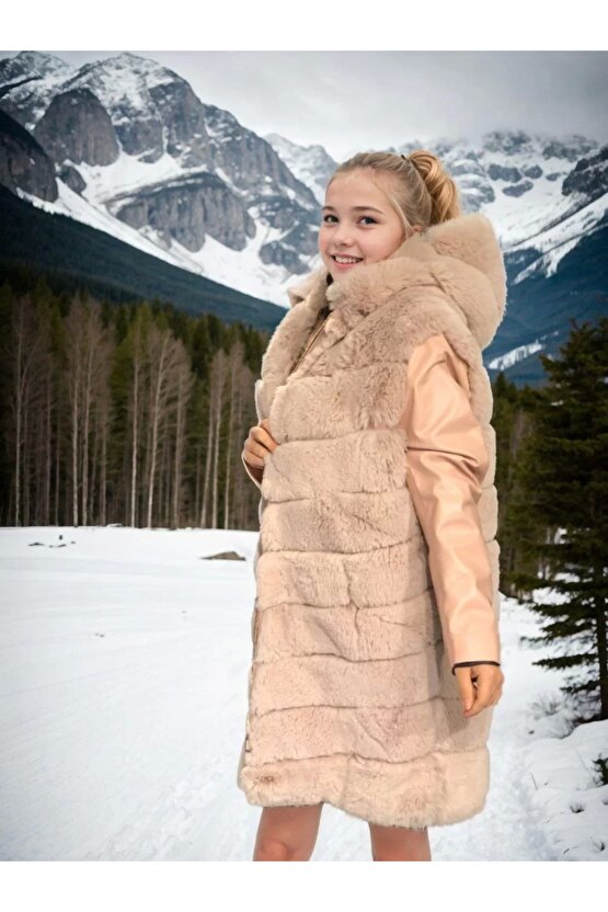 Kadın Suni Kürk Hakiki Deri - Somon