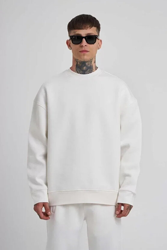 eyesof Unisex Biskilet Yaka Üç İplik SweatShirt - Beyaz