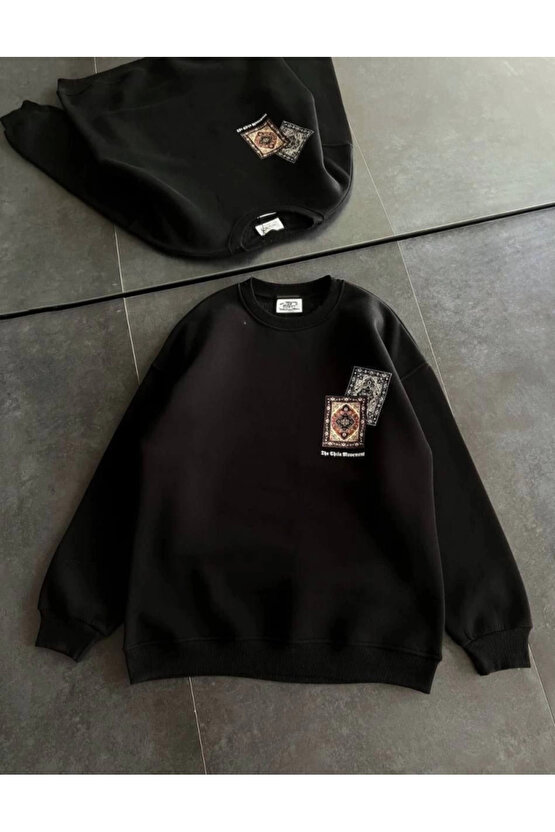 Bisiklet Yaka Baskılı SweatShirt - Siyah
