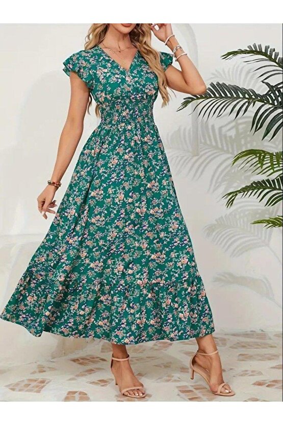 Kadın Kısa Kollu Kruvaze Yaka Beli Lastikli çiçek Desenli Elbise