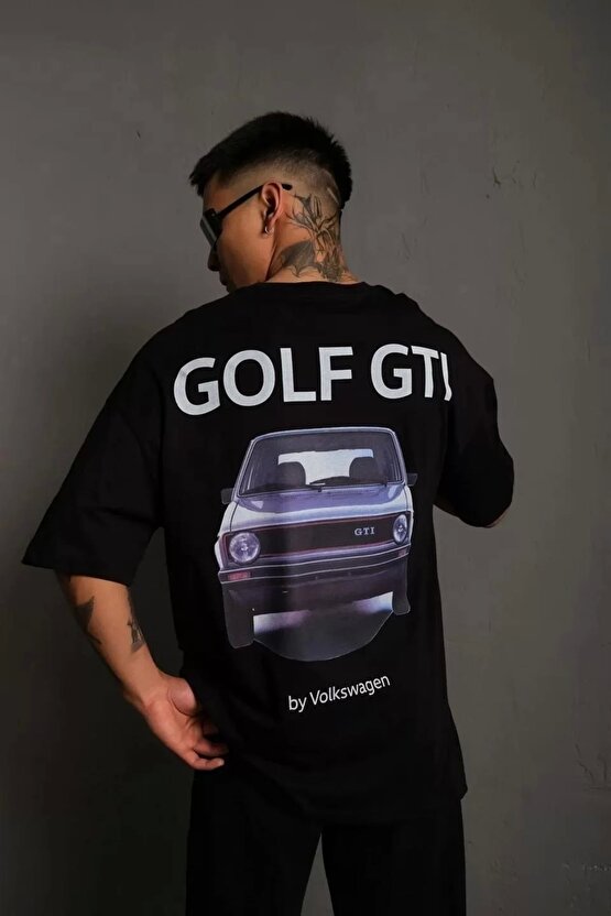 Erkek Sırt Golf Baskılı Oversize T-shirt - Siyah