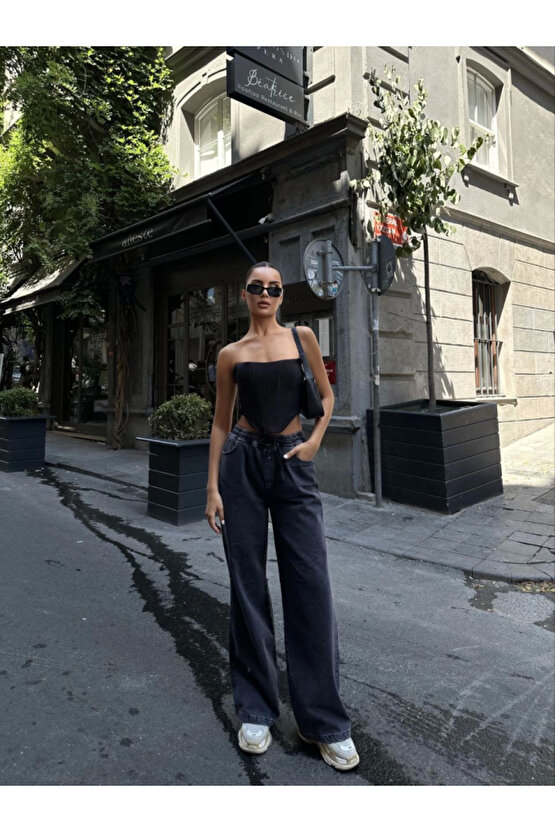 eyesof Arkadan Yırtmaçlı Jeans Kot Palazzo Pantolon - Siyah