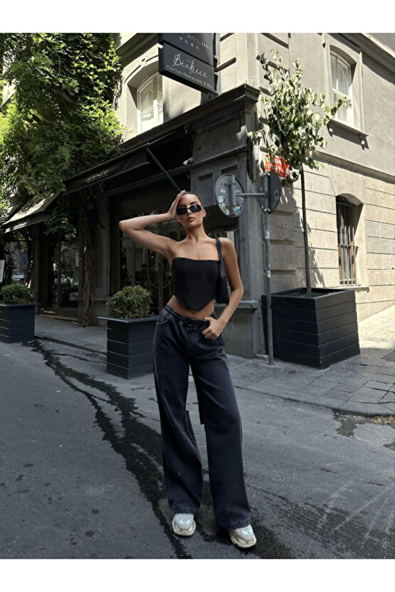 eyesof Arkadan Yırtmaçlı Jeans Kot Palazzo Pantolon - Siyah