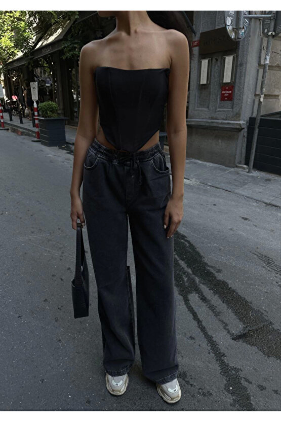 eyesof Arkadan Yırtmaçlı Jeans Kot Palazzo Pantolon - Siyah