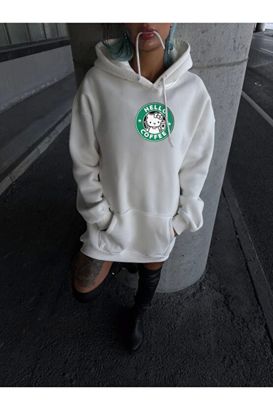 Üç İplik Penye Uzun Kol Kapüşonlu SweatShirt - Beyaz