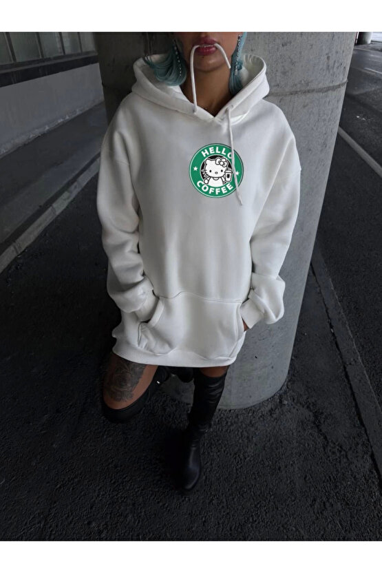 Üç İplik Penye Uzun Kol Kapüşonlu SweatShirt - Beyaz