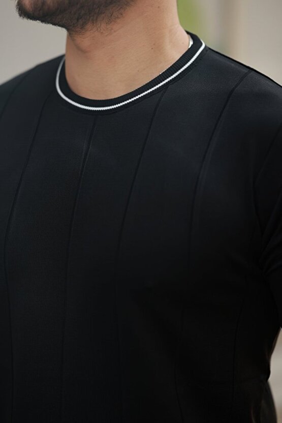 Gökyüzü Moda Erkek Bisiklet Yaka çizgi Desenli Ribanalı Kısa Kollu Tshirt