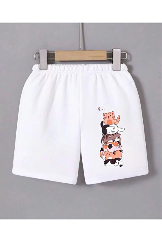 Kadın Beli Lastikli Baskılı Mini Şort - Beyaz