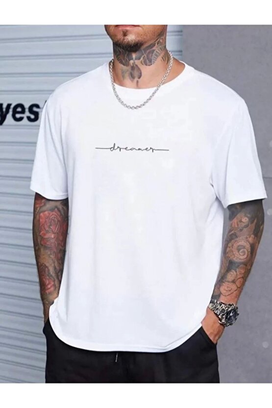 Unisex Baskılı Oversize T-Shirt - Beyaz