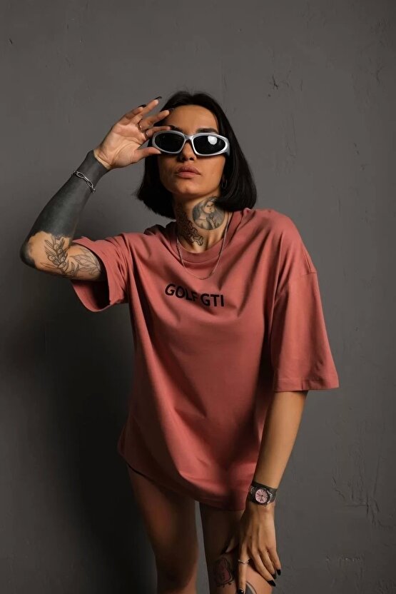 Kadın Sırt Golf Gtı Baskılı Oversize T-shirt - Gül Kurusu