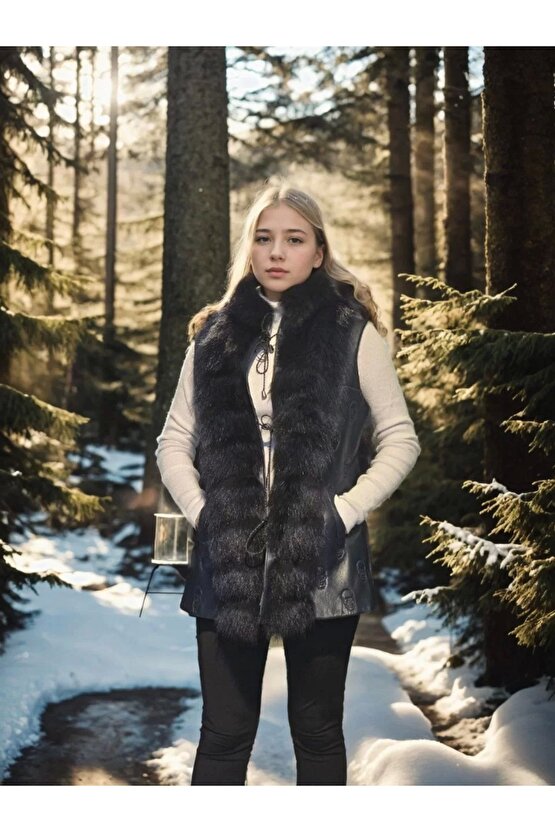 Kadın Kolsuz Fermuarlı Yelek - Lacivert