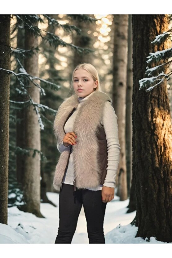 Kadın Kolsuz Fermuarlı Yelek - Kahve