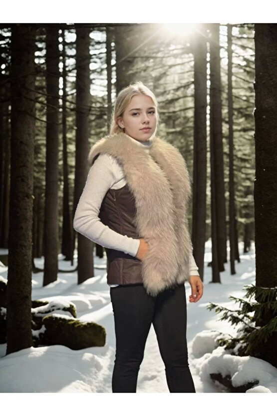 Kadın Kolsuz Fermuarlı Yelek - Kahve