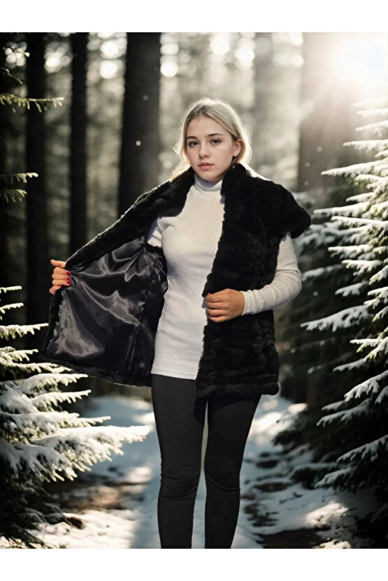 Kadın Kolsuz Hakiki Kürk - Siyah