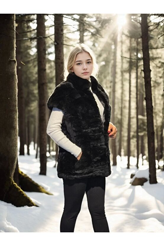 Kadın Kolsuz Hakiki Kürk - Siyah