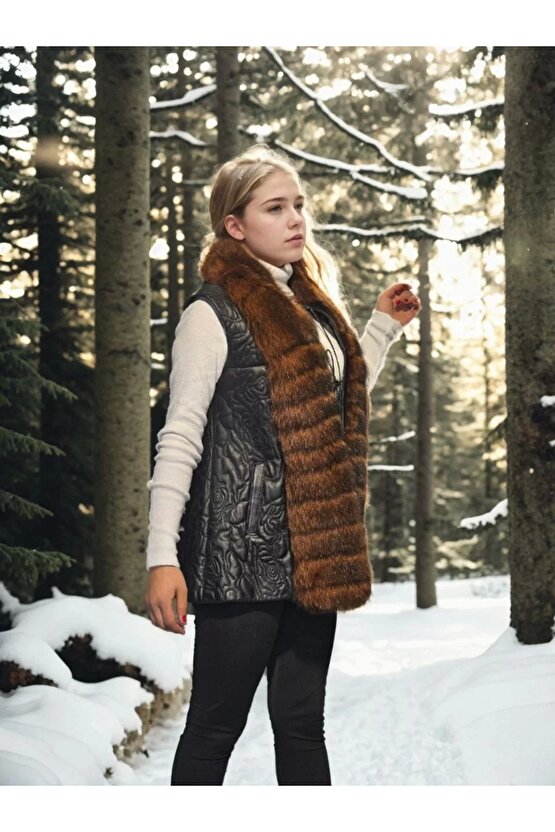 Kadın Kolsuz Fermuarlı Yelek - Siyah