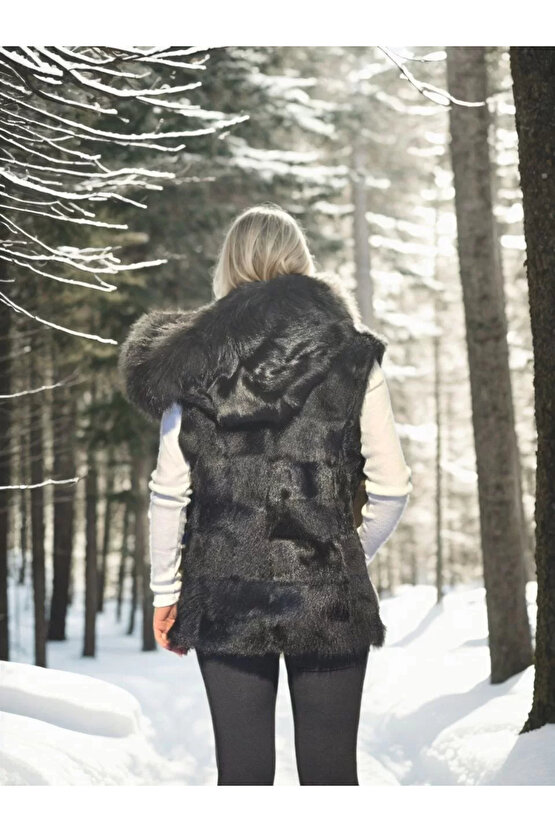 Kadın Kolsuz Kapüşonlu Yelek - Siyah