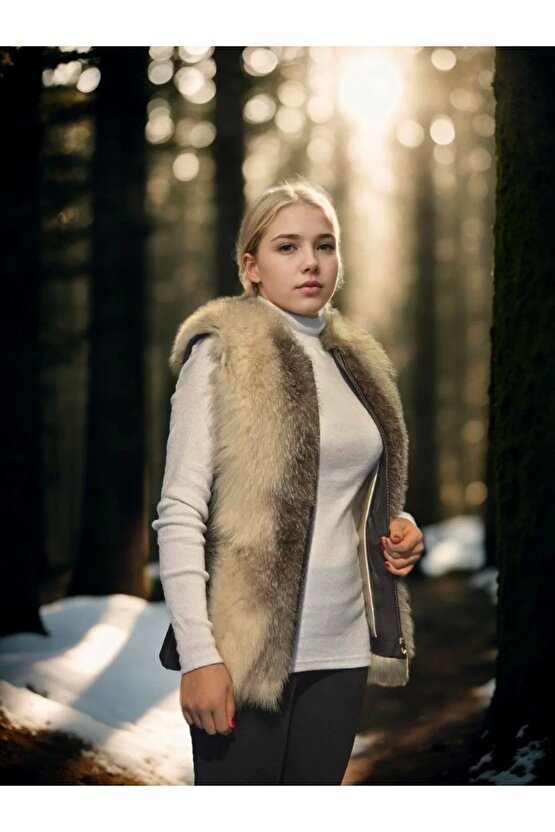 Kadın Kolsuz Hakiki Yelek - Fuşya