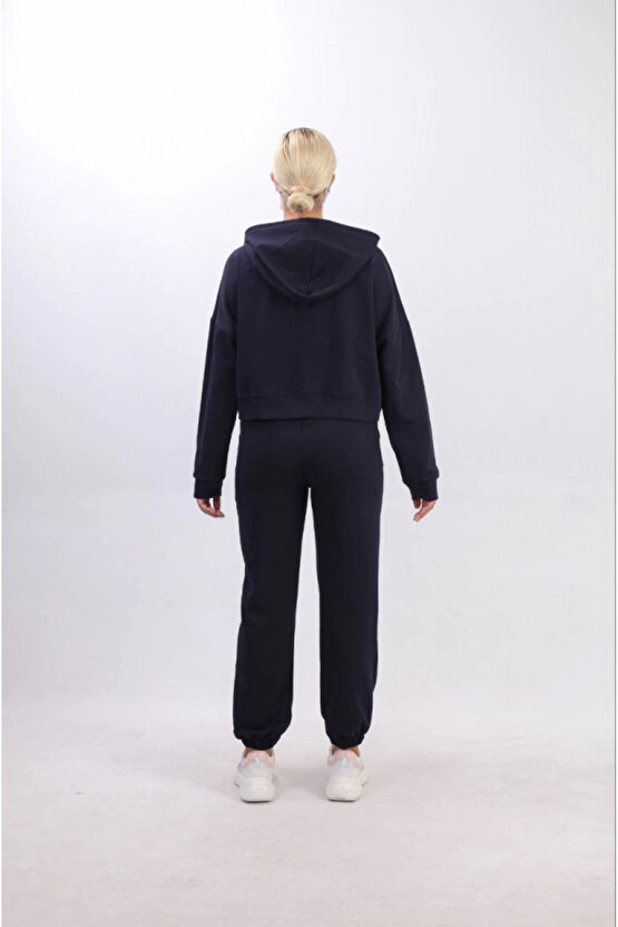 eyesof Iki Iplik Kapüşonlu Fermuarlı Crop Oversize Hırka Takım- Lacivert