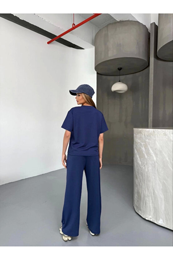 eyesof Osy Modal Yumuşak Dokulu Kumaş Kısa Kollu Bluz Rahat Pantalon Ikili Takım- Lacivert