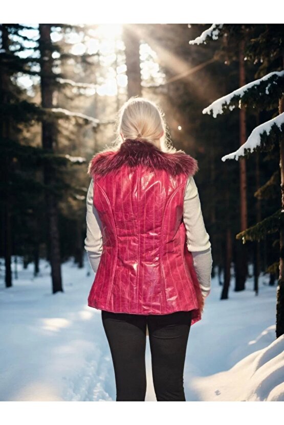 Kadın Kolsuz Hakiki Yelek - Fuşya