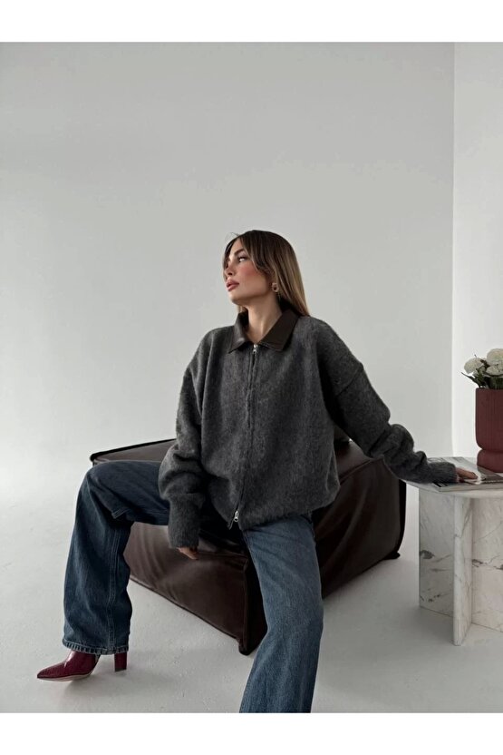 Deri Yakalı Pamuk dokulu Çift Taraflı Çalışan Fermuar Ceket - Füme