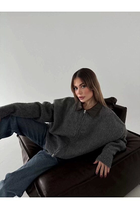 Deri Yakalı Pamuk dokulu Çift Taraflı Çalışan Fermuar Ceket - Füme