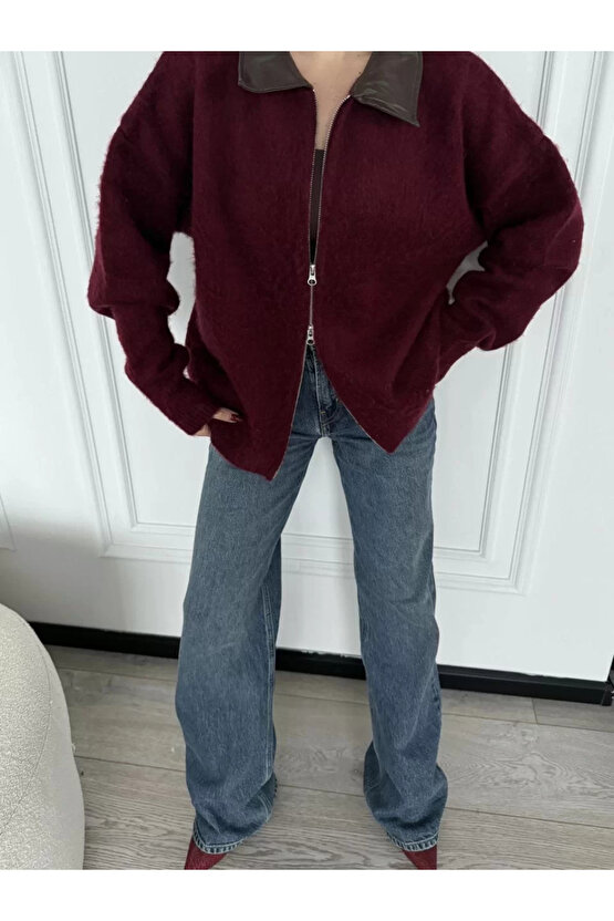Deri Yakalı Pamuk dokulu Çift Taraflı Çalışan Fermuar Ceket - Bordo