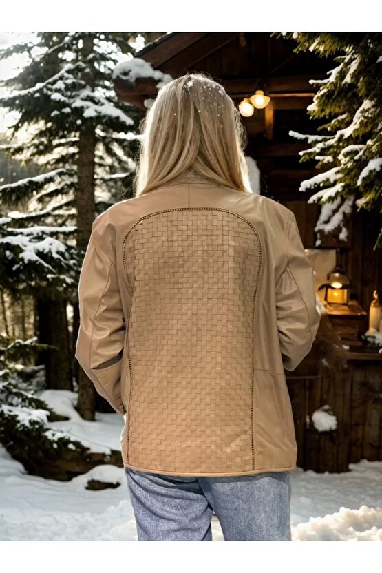 Kadın Fileli Deri Ceket - Krem