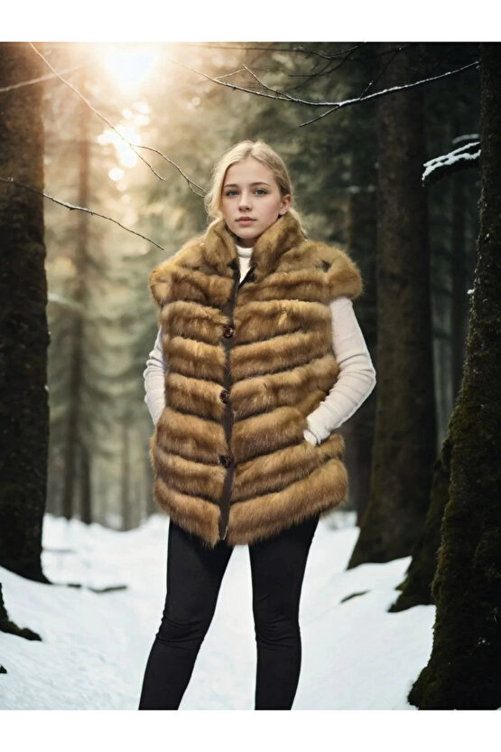 Kadın Kolsuz Hakiki Kürk - Kahve