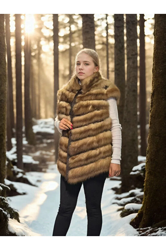 Kadın Kolsuz Hakiki Kürk - Kahve