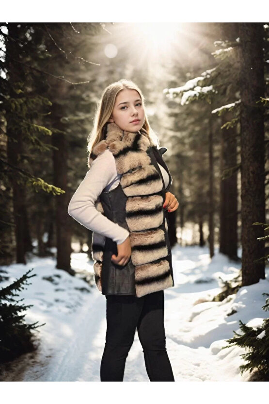 Kadın Kolsuz Hakiki Deri Kürk - Siyah