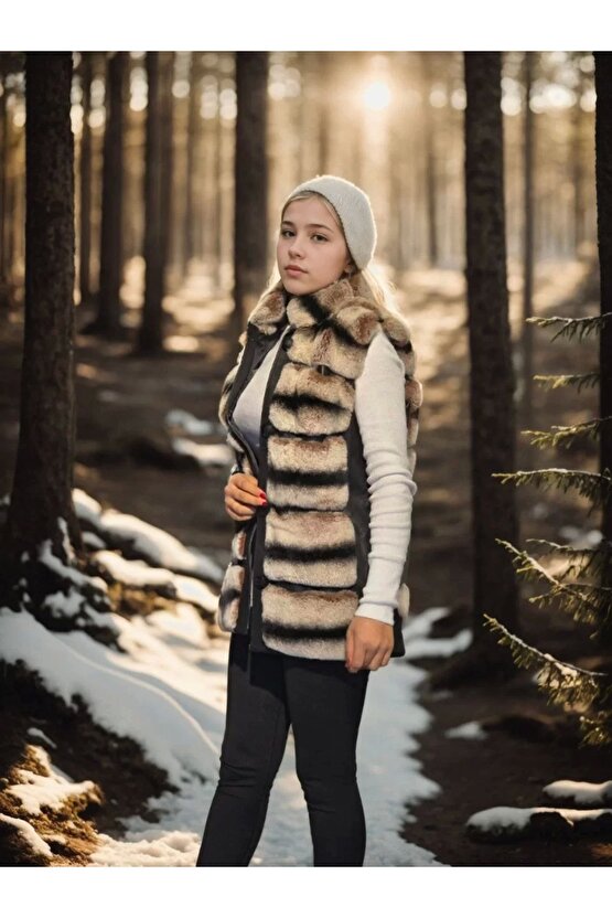 Kadın Kolsuz Hakiki Deri Kürk - Siyah