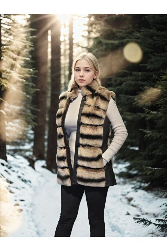 Kadın Kolsuz Hakiki Deri Kürk - Siyah