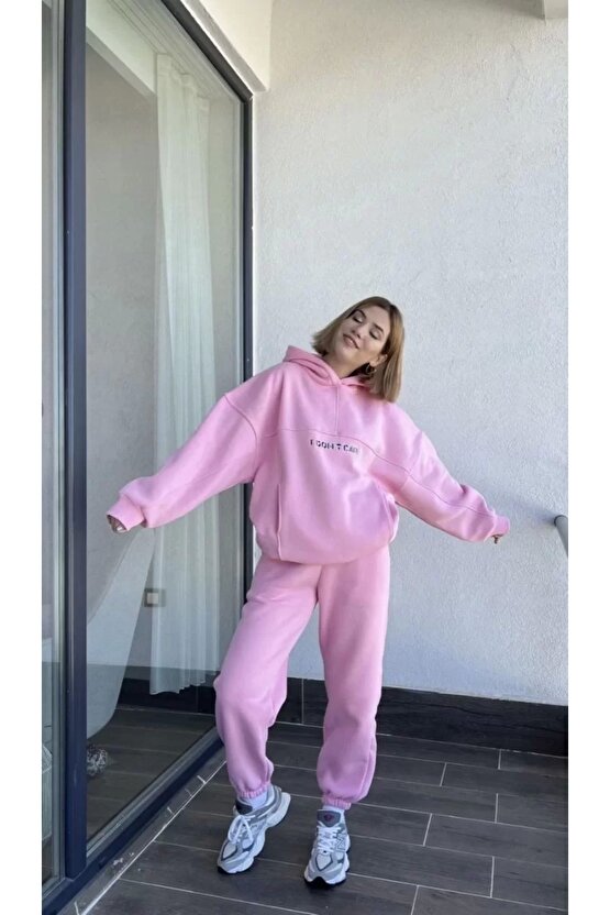 Nakış İşlemeli Üç İplik Sweat Takım- Pembe