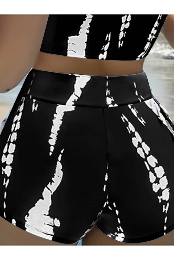 Kadın Büzgü Detay Askılı Crop Mini Tayt Ikili Takım