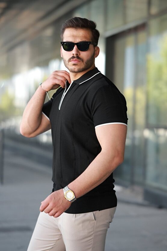 Gökyüzü Moda Erkek Dikey Kabartmalı Örgü Dokulu Fermuar Yakalı Tişört