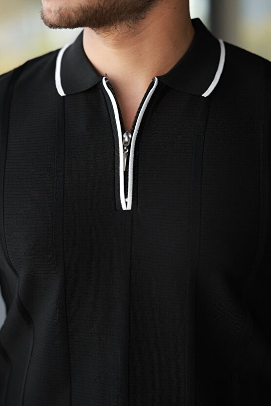 Gökyüzü Moda Erkek Dikey Kabartmalı Örgü Dokulu Fermuar Yakalı Tişört