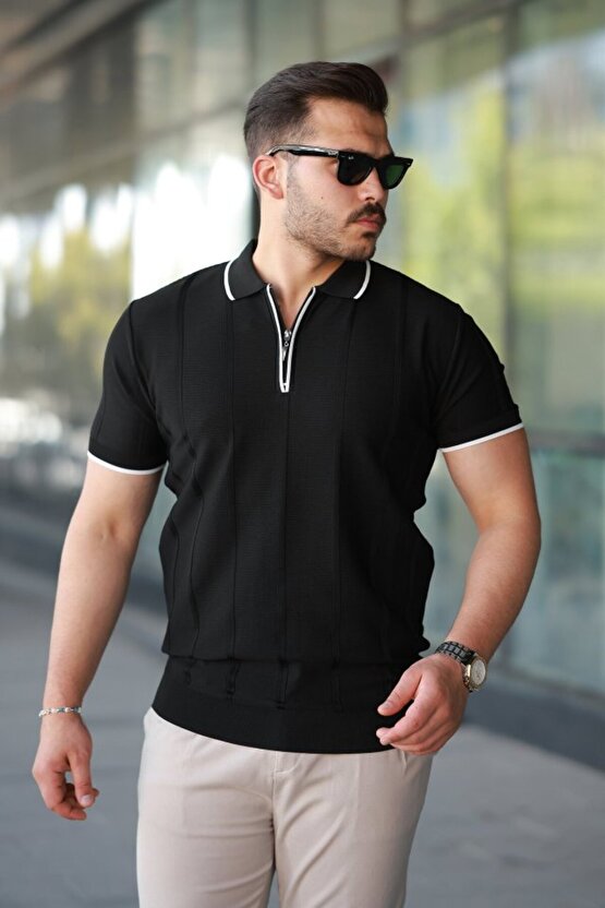 Gökyüzü Moda Erkek Dikey Kabartmalı Örgü Dokulu Fermuar Yakalı Tişört