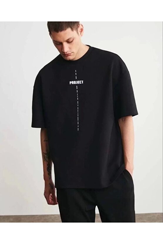 Unisex Bisiklet Yaka Baskılı Oversize T-Shirt - Siyah