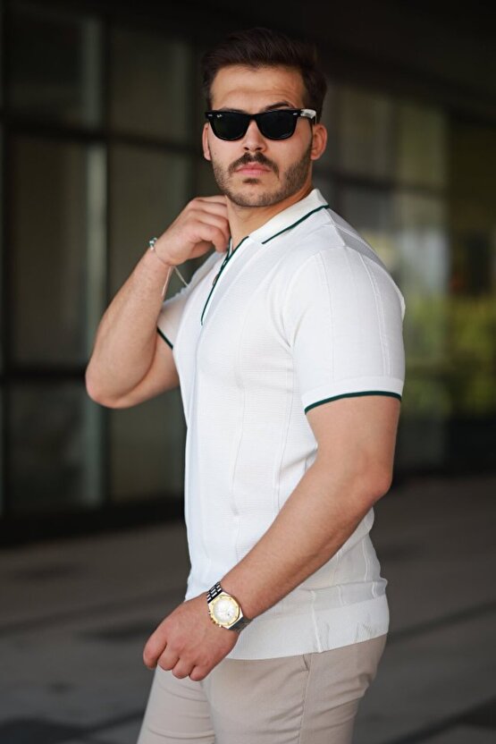 Erkek Dikey Kabartmalı Örgü Dokulu Fermuar Yakalı Tişört