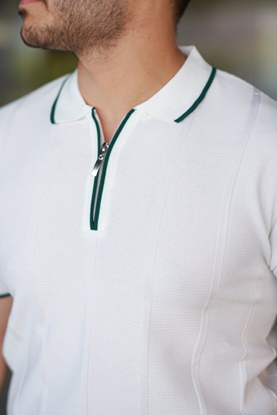 Erkek Dikey Kabartmalı Örgü Dokulu Fermuar Yakalı Tişört