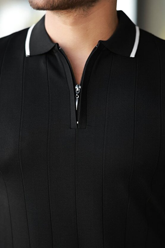 eyesof Erkek Fermuar Yakalı çizgi Dokulu Kısa Kollu Tişört