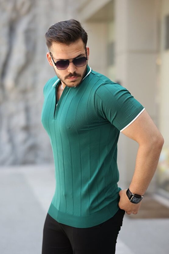 Erkek Fermuar Yakalı çizgi Dokulu Kısa Kollu Tişört