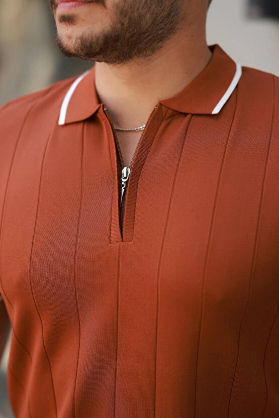 Erkek Fermuar Yakalı çizgi Dokulu Kısa Kollu Tişört