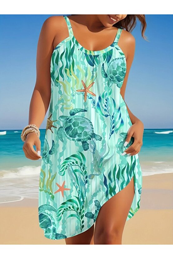 Gökyüzü Moda Kadın Askılı Yuvarlak Yaka Kaplumbağa Desenli Süprem Elbise