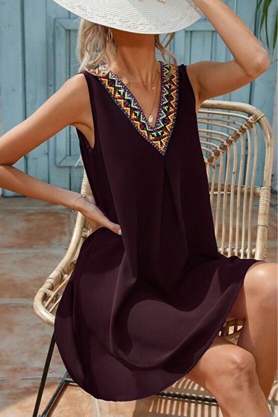 Gökyüzü Moda Kadın Sıfır Kol şerit Detaylı V Yaka Viskon Elbise