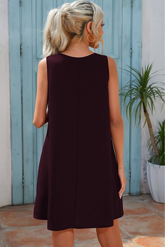 Gökyüzü Moda Kadın Sıfır Kol şerit Detaylı V Yaka Viskon Elbise