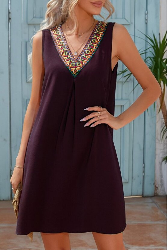 Gökyüzü Moda Kadın Sıfır Kol şerit Detaylı V Yaka Viskon Elbise